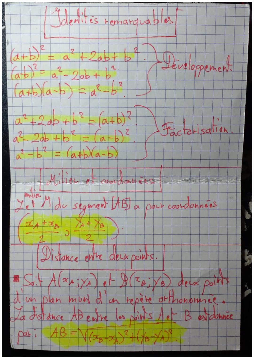 # Identites remarquables

$(a+b)^2 = a^2+2ab+b^2$
$(a+b)^2 = a^2 + 2ab + b^2$. Développement.
$(ab)^2 = a^2-2ab+b^2$
$(a+b)(a-b) = a^2-b^2$.