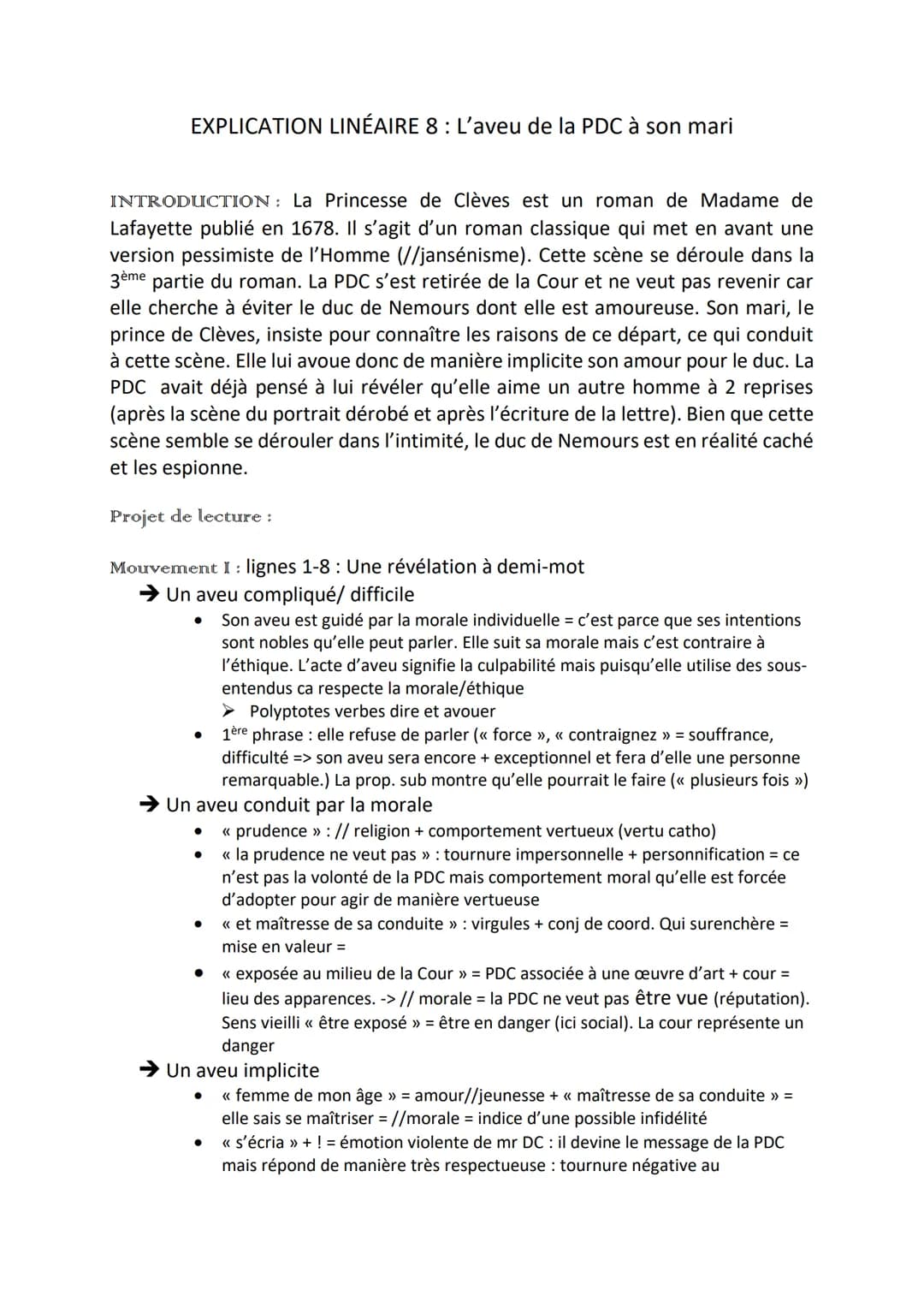 EXPLICATION LINÉAIRE 8: L'aveu de la PDC à son mari
INTRODUCTION: La Princesse de Clèves est un roman de Madame de
Lafayette publié en 1678.