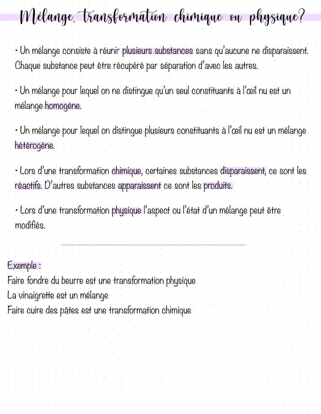 Mélange transformation chimique ou physique?
• Un mélange consiste à réunir plusieurs substances sans qu'aucune ne disparaissent.
Chaque sub