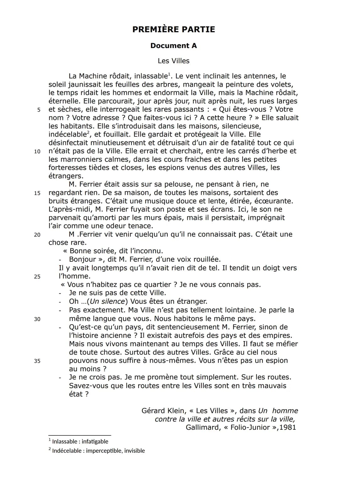 Brevet blanc de français
mars 2017 5
10
15
20
25
30
35
PREMIÈRE PARTIE
Document A
Les Villes
La Machine rôdait, inlassable¹. Le vent inclina