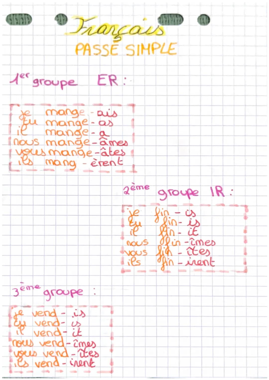 SHAD
Français
e groupe
PASSE SIMPLE
ER:
de mange-ais
tu mange - as
il mange-a
(nous mange-ames
I vous mange-âtes
Fils
its mang -èrent
2ème
g