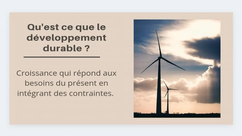 Cuisine
Le
Développement
Durable Qu'est ce que le
développement
durable ?
Croissance qui répond aux
besoins du présent en
intégrant des cont