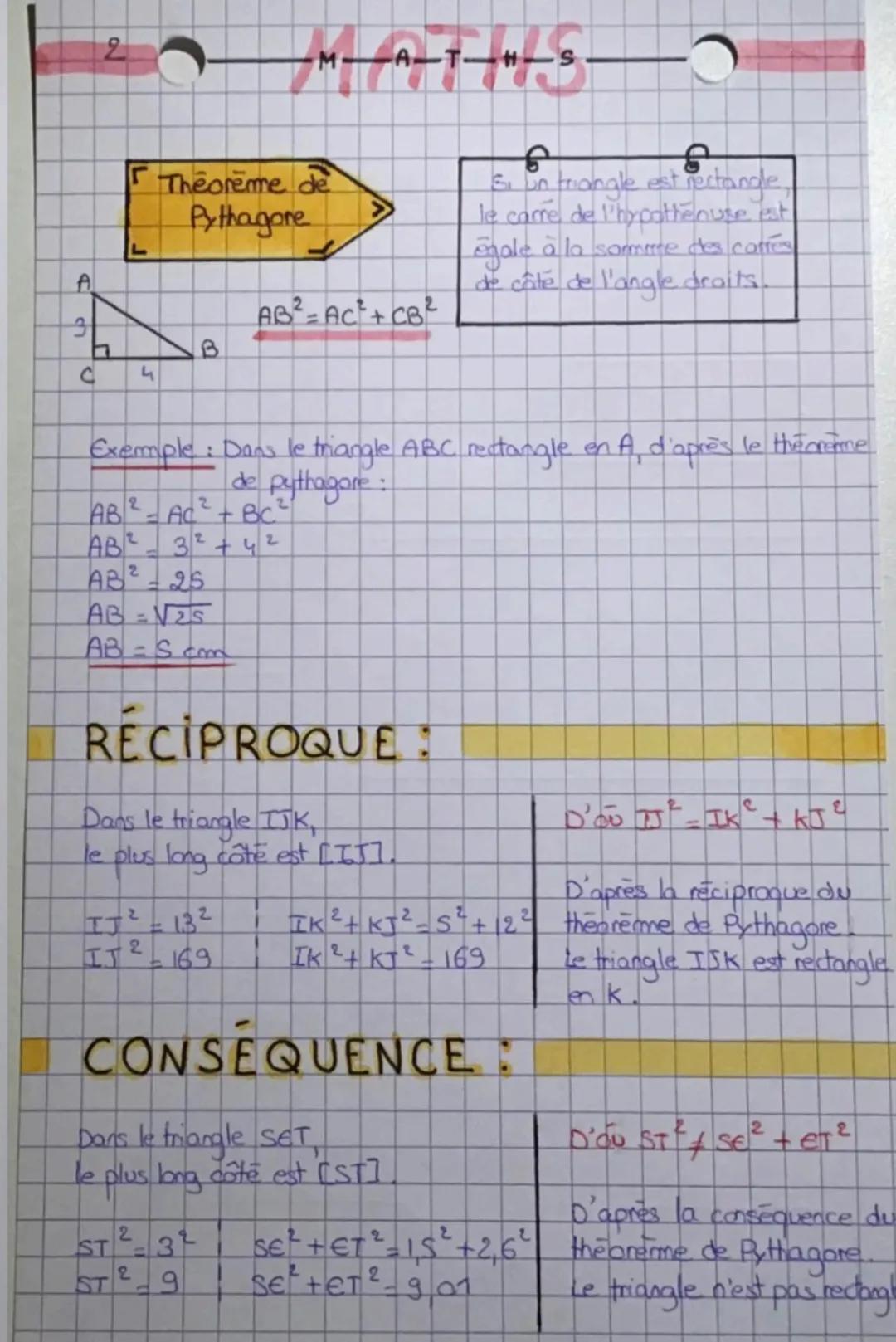 A
3
2
Exemple:
AB/2
AB/²
r Theoreme de
Pythagore
HH
4
ST
ST
2
AB²= 25
AB=√25
AB= S cm
2
2
2
RECIPROQUE :
Dans le triangle TJK,
le plus long 