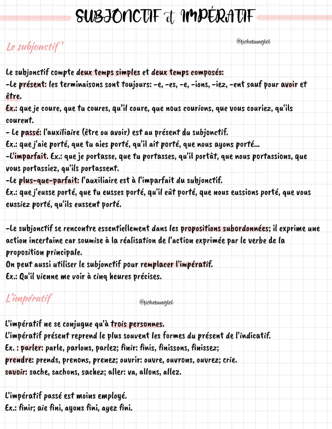 
<h2 id="subjonctifimpratif">SUBJONCTIF &amp; IMPÉRATIF</h2>
<p>Le subjonctif compte deux temps simples et deux temps composés :</p>
<ul>
<l