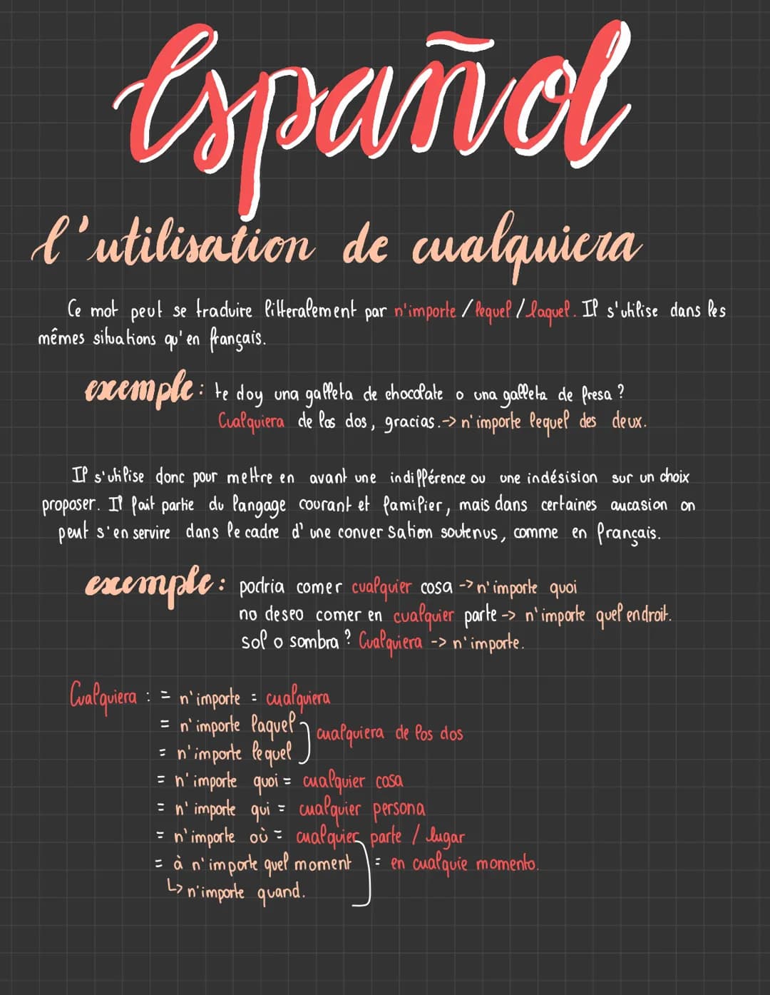 español
l'utilisation de cualquiera
Ce mot peut se traduire litteralement par n'importe / lequel / laquel. Il s'utilise dans les
mêmes situa