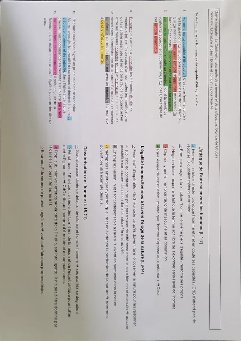Texte liminaire : « Homme es-tu capable d'être juste ? »
INTRODUCTION
PRÉSENTATION:
→ Œuvre intégrale: La Déclaration des droits de la femme