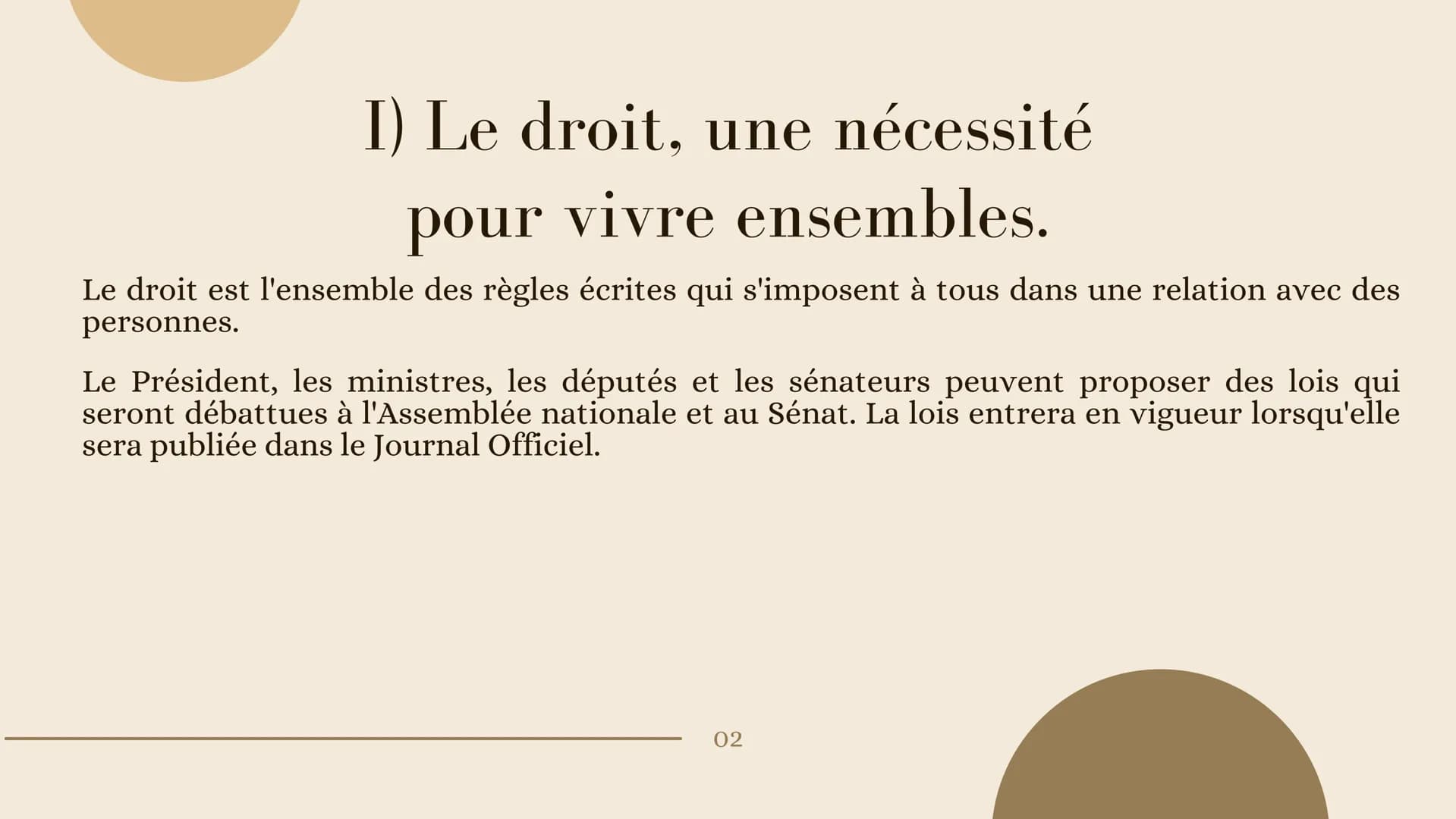 Le droit, la justice et
leurs ardeurs
EMC 4e I) Le droit, une nécessité
pour vivre ensembles.
Le droit est l'ensemble des règles écrites qui
