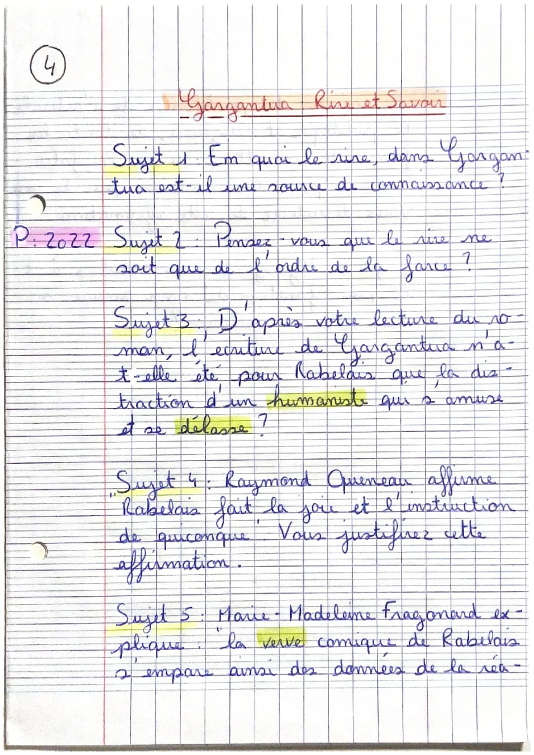 4
Gargantua Rine et Savoir
Sujet 1 Em quai le rire, dans Gorgan:
tua est il une source de connaissance
2
P. 2022 Sujet 2. Pensez
que le tire