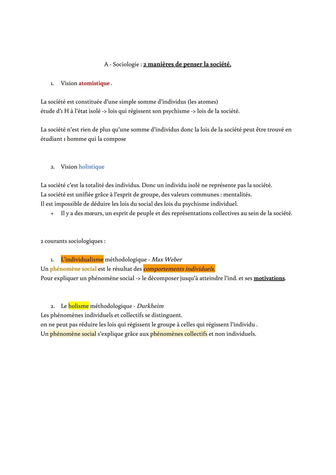 1.
A - Sociologie : 2 manières de penser la société.
La société est constituée d'une simple somme d'individus (les atomes)
étude d'i H à l'é
