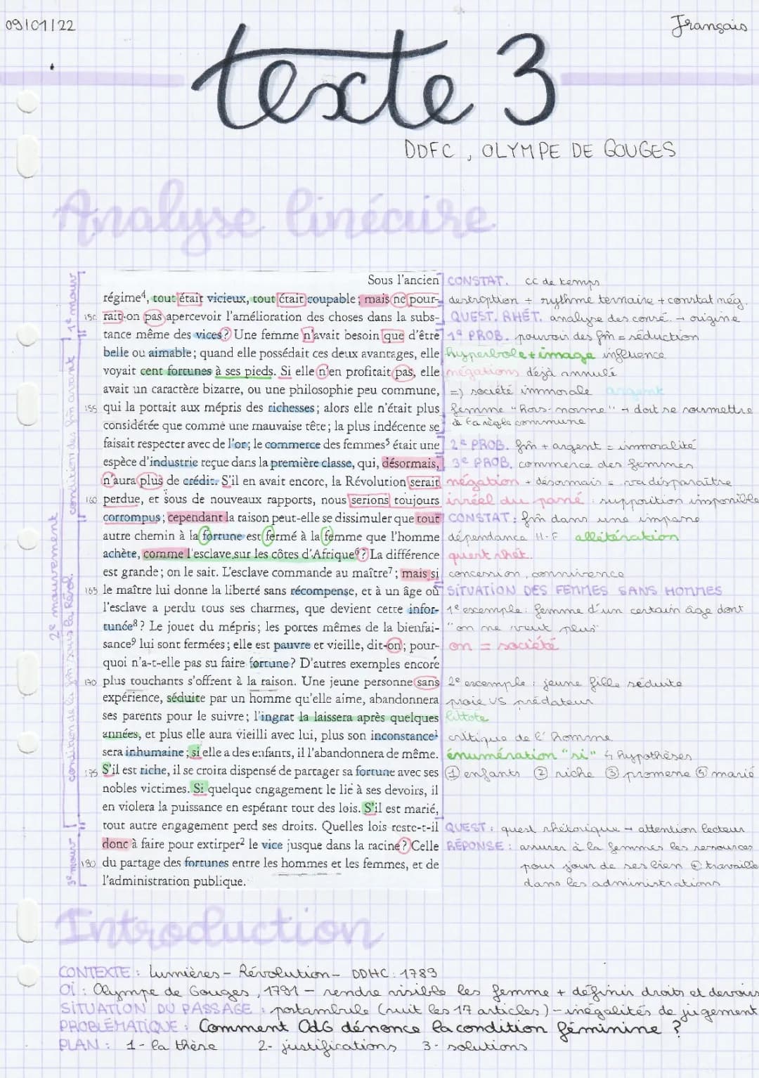 Analyse Linéaire du Préambule et Postambule d'Olympe de Gouges - PDF