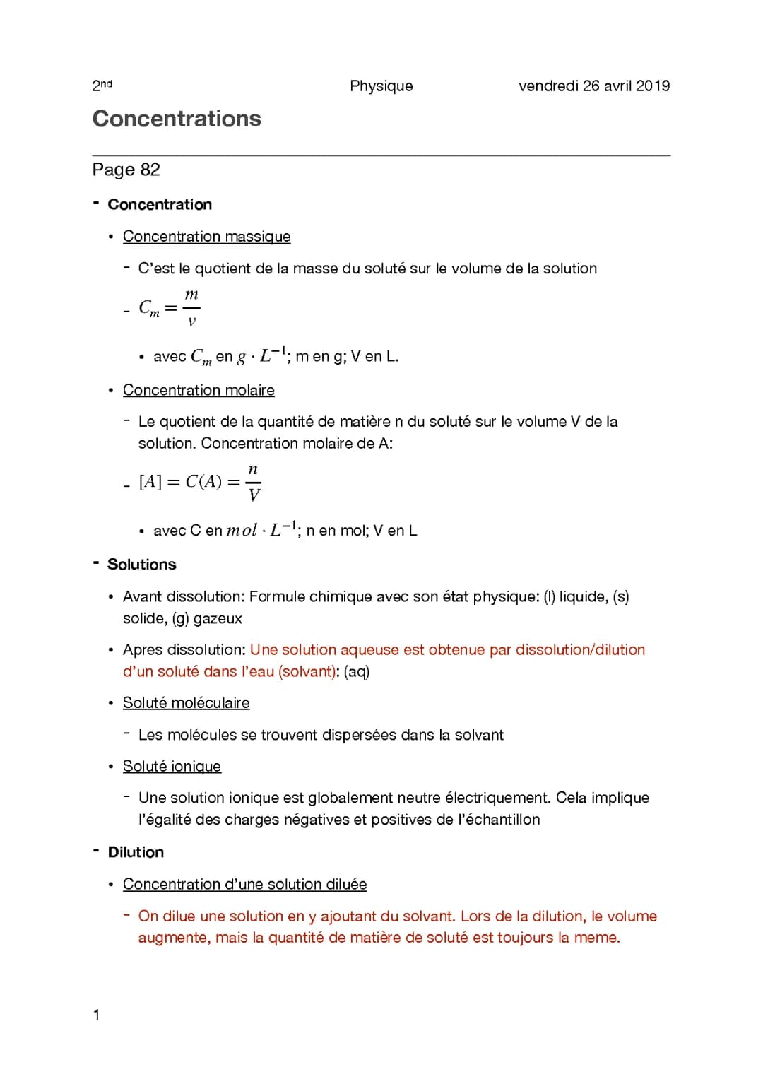 Cours 1 - Concentrations