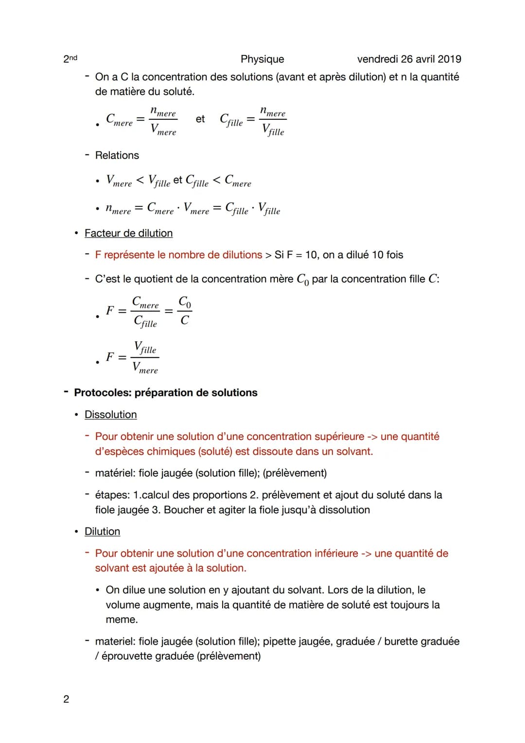 2nd
Concentrations
Page 82
1
●
Concentration
Concentration massique
C'est le quotient de la masse du soluté sur le volume de la solution
- C