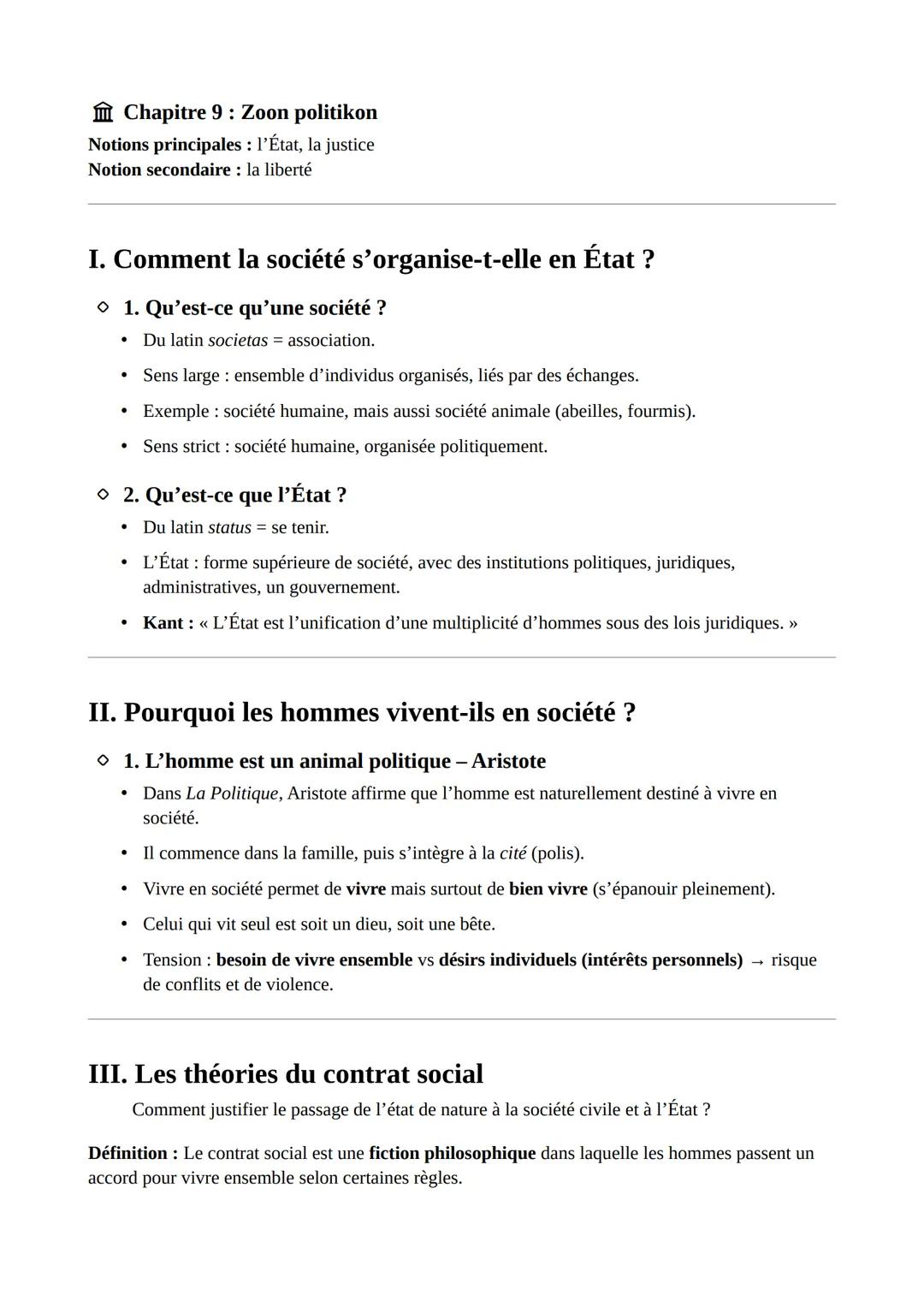 ### Chapitre 9: Zoon politikon
Notions principales: l'État, la justice
Notion secondaire: la liberté

## I. Comment la société s'organise-t-