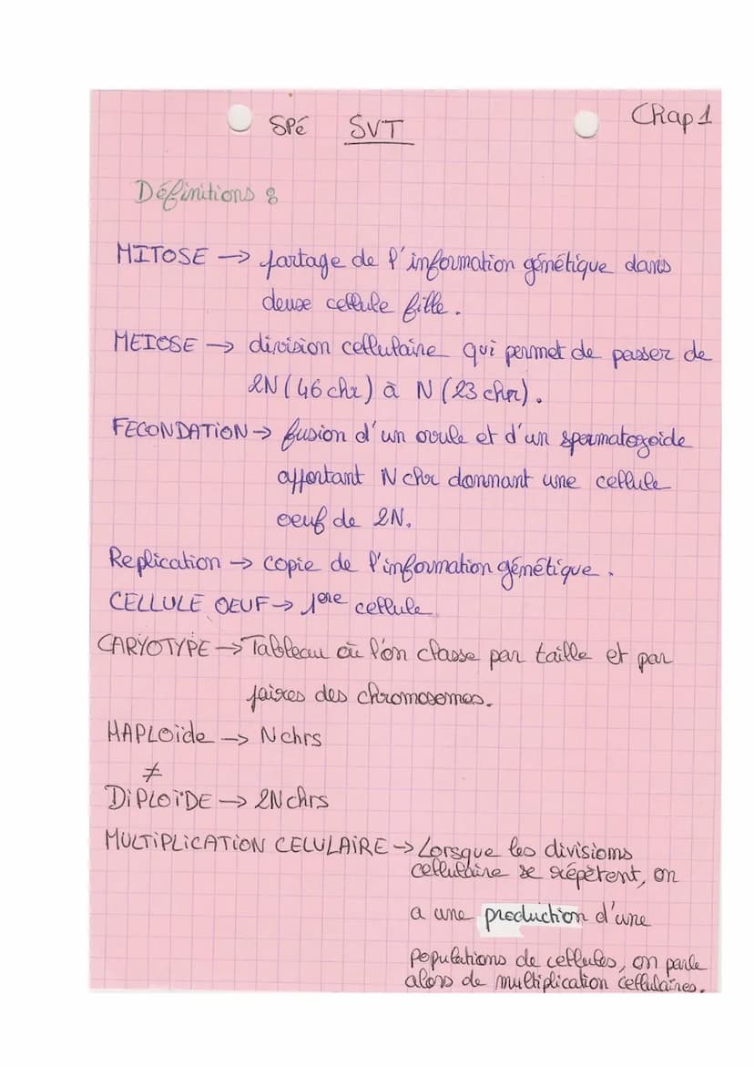 Theme 1
FA
SVT
Def& division cellulaire précédée de la réplication de l'ADN,
conduisant à partir d'une ceflute mère, au partage de
l'informa
