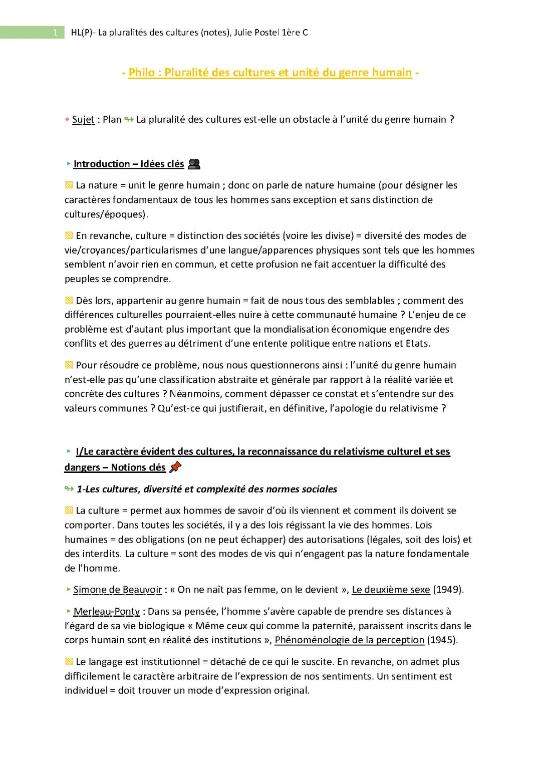 HL(P)- La pluralité des cultures, fiches de cours