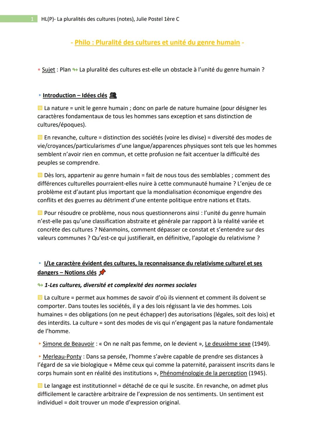 1
HL(P)- La pluralités des cultures (notes), Julie Postel 1ère C
- Philo : Pluralité des cultures et unité du genre humain -
• Sujet : Plan 