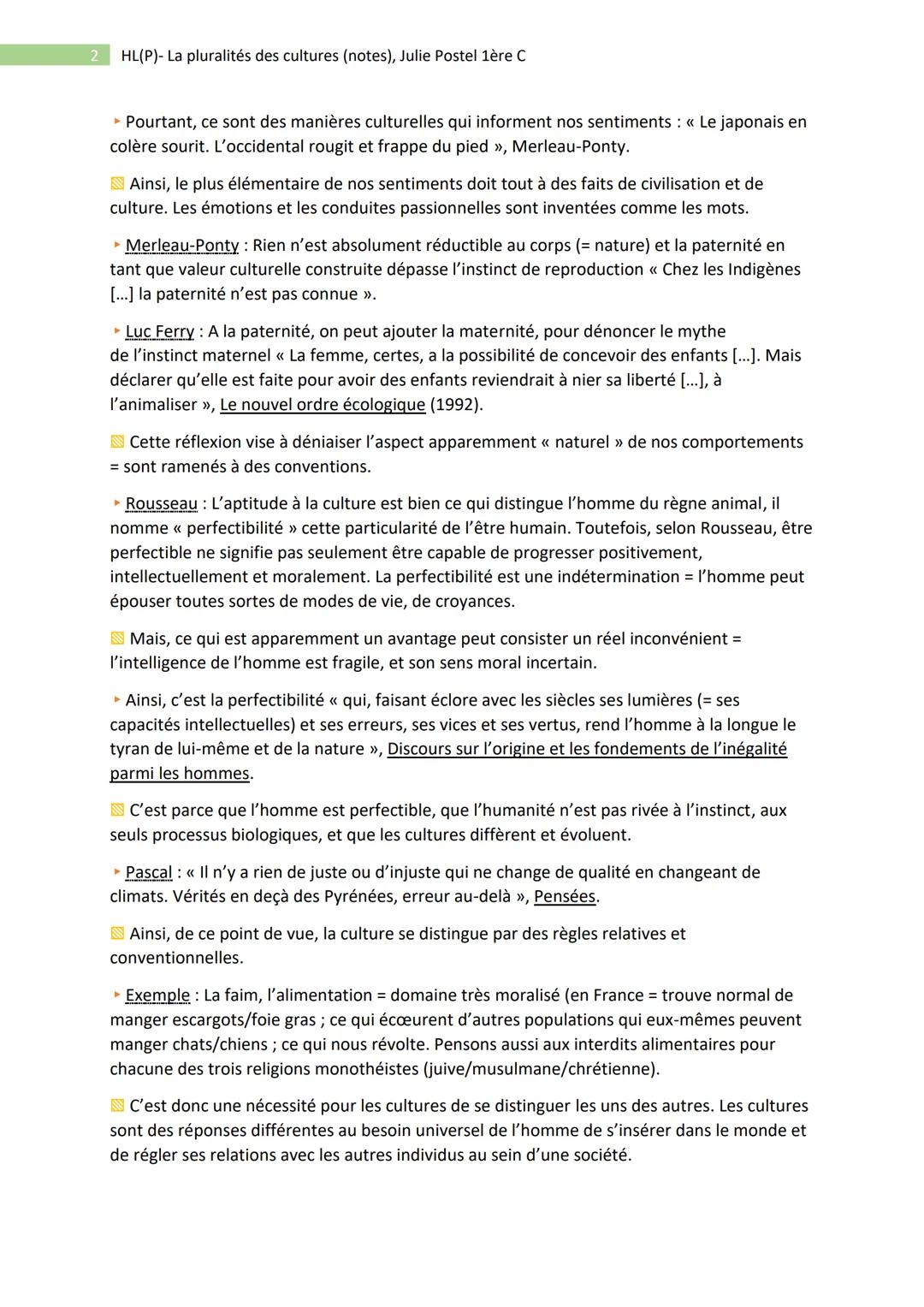 1
HL(P)- La pluralités des cultures (notes), Julie Postel 1ère C
- Philo : Pluralité des cultures et unité du genre humain -
• Sujet : Plan 