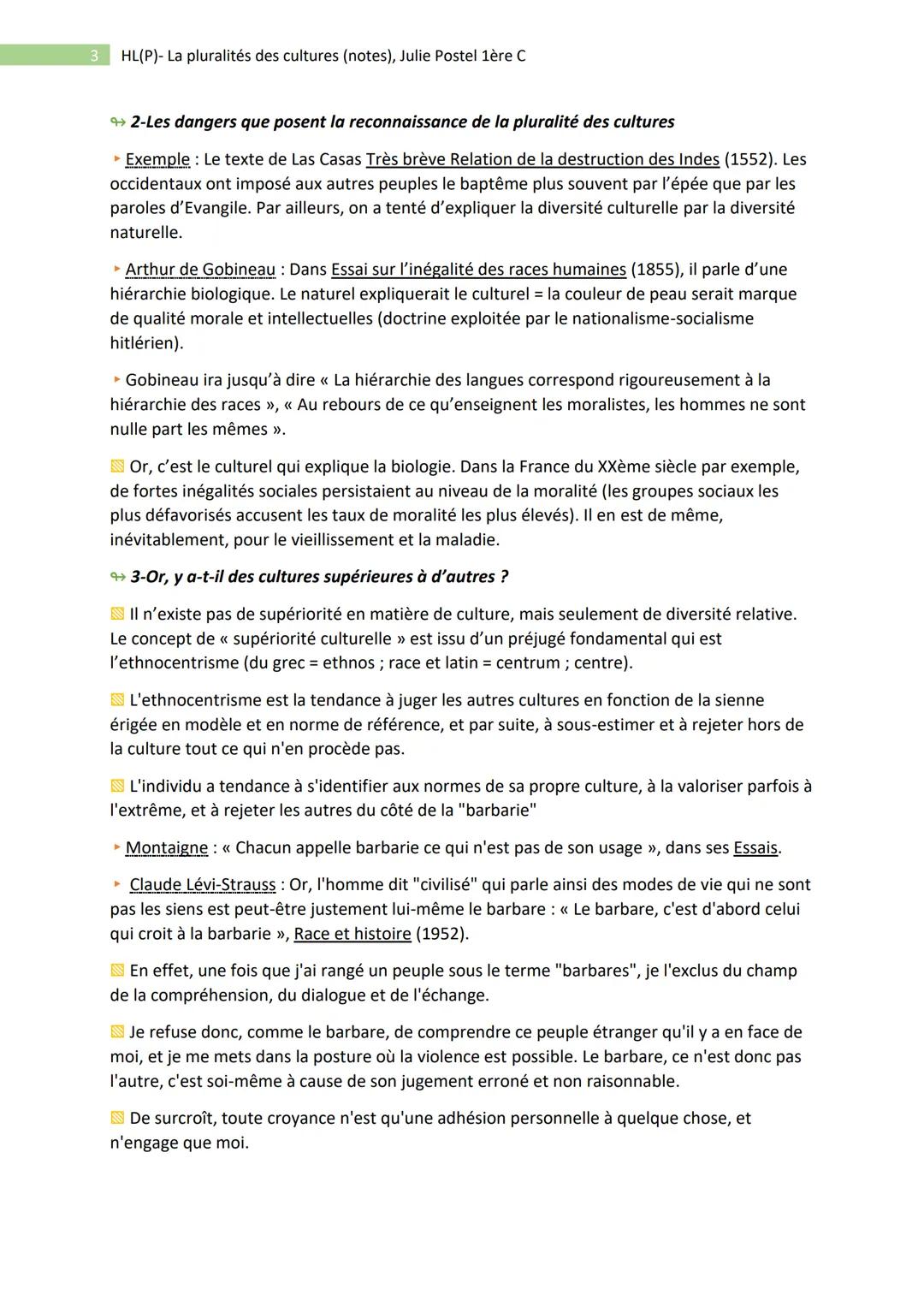1
HL(P)- La pluralités des cultures (notes), Julie Postel 1ère C
- Philo : Pluralité des cultures et unité du genre humain -
• Sujet : Plan 