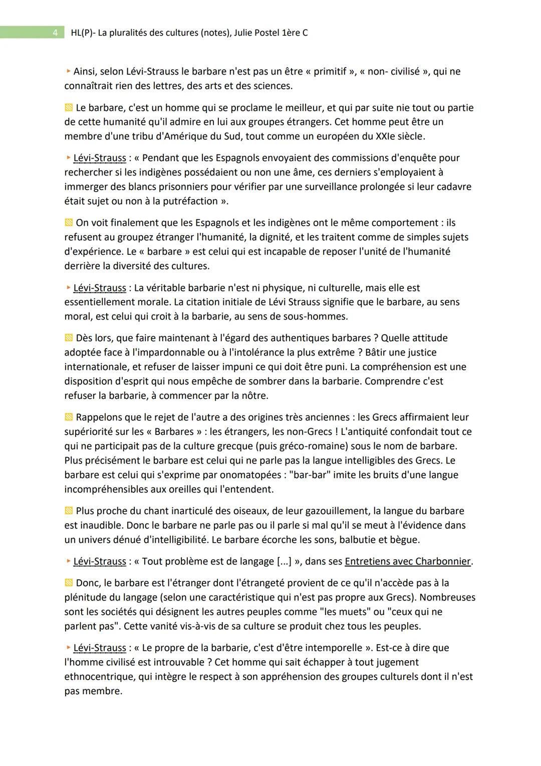 1
HL(P)- La pluralités des cultures (notes), Julie Postel 1ère C
- Philo : Pluralité des cultures et unité du genre humain -
• Sujet : Plan 