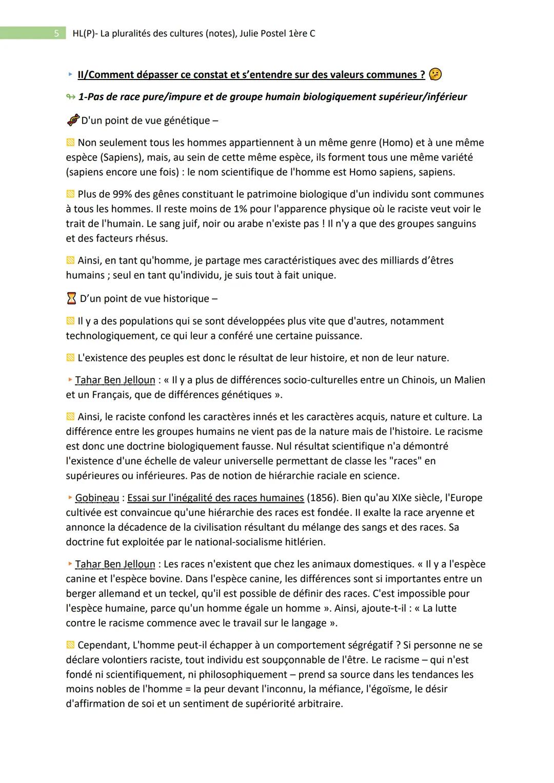 1
HL(P)- La pluralités des cultures (notes), Julie Postel 1ère C
- Philo : Pluralité des cultures et unité du genre humain -
• Sujet : Plan 