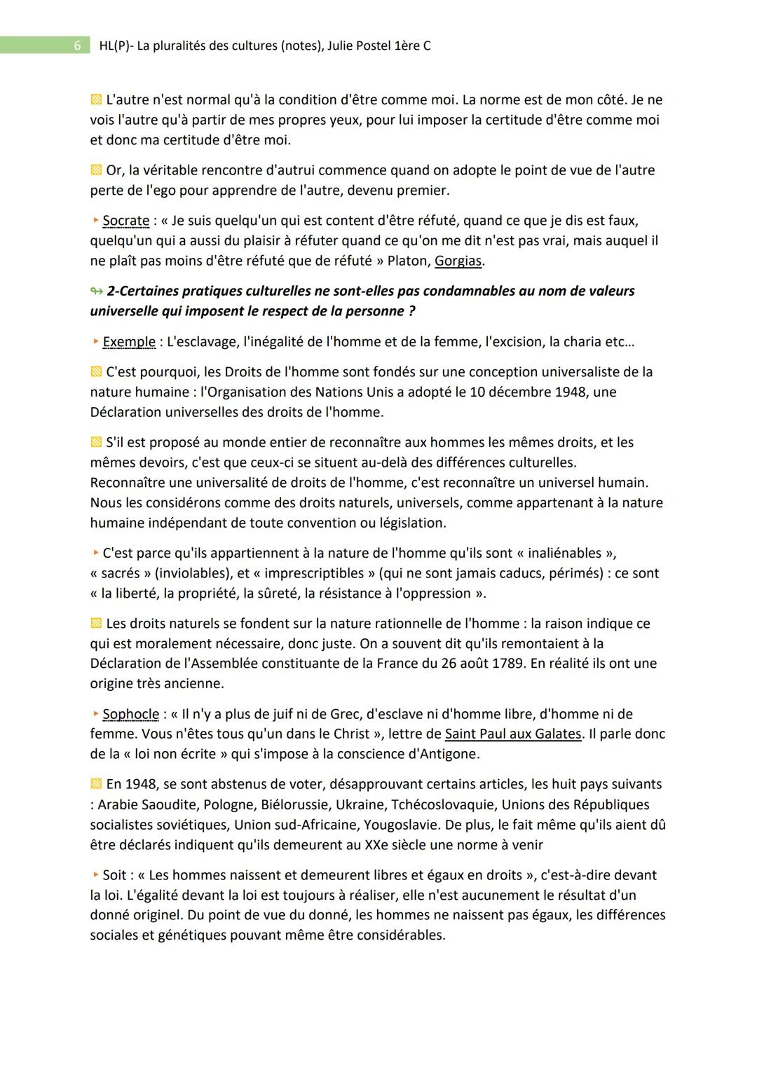1
HL(P)- La pluralités des cultures (notes), Julie Postel 1ère C
- Philo : Pluralité des cultures et unité du genre humain -
• Sujet : Plan 