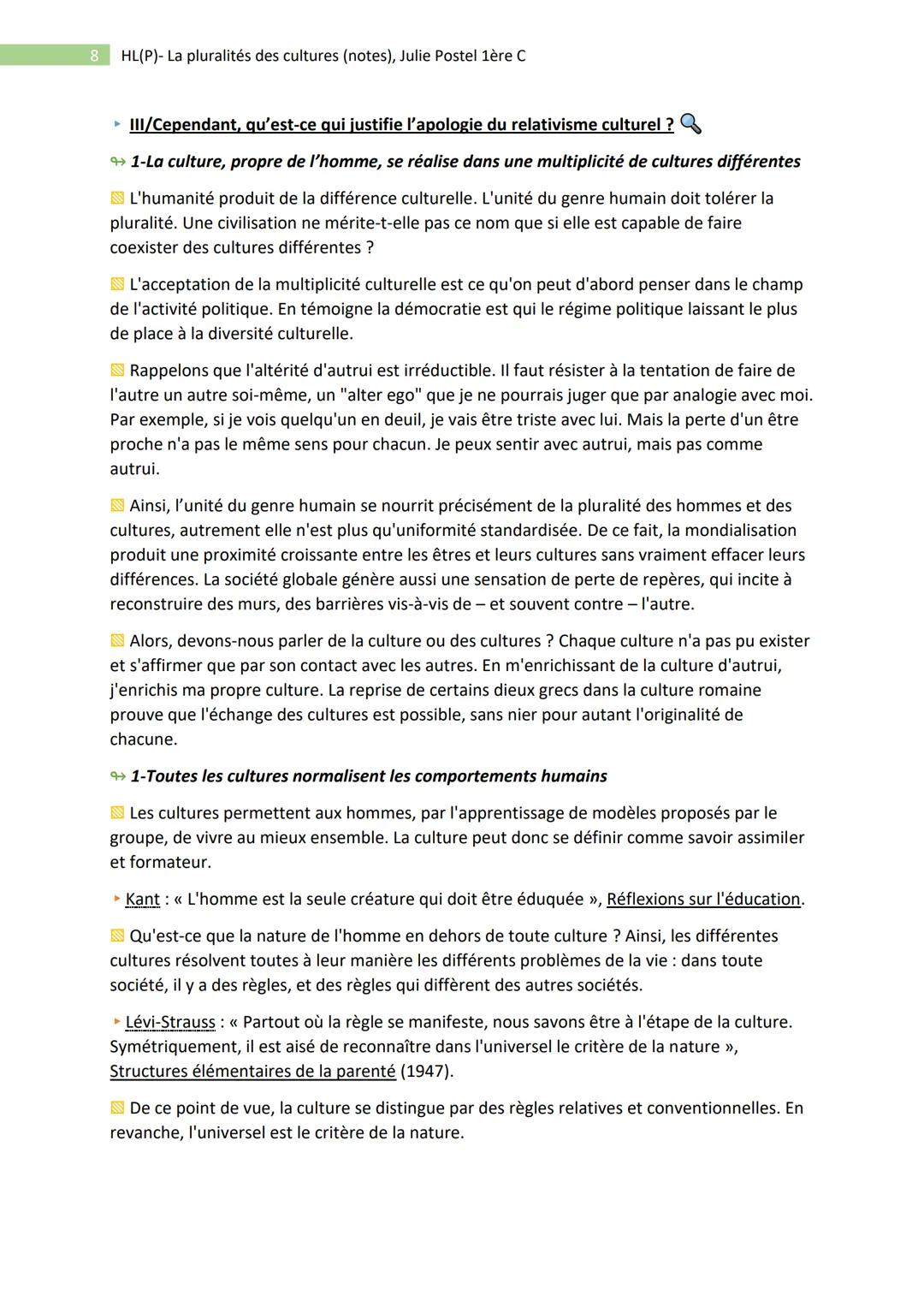1
HL(P)- La pluralités des cultures (notes), Julie Postel 1ère C
- Philo : Pluralité des cultures et unité du genre humain -
• Sujet : Plan 