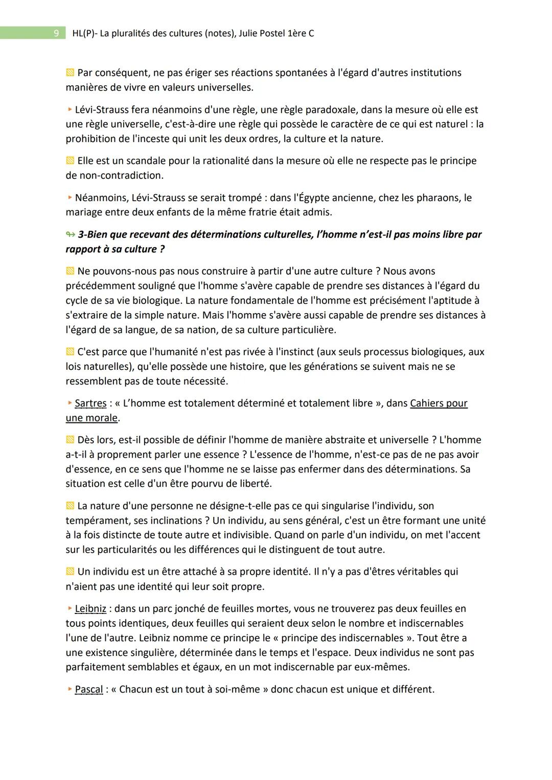 1
HL(P)- La pluralités des cultures (notes), Julie Postel 1ère C
- Philo : Pluralité des cultures et unité du genre humain -
• Sujet : Plan 