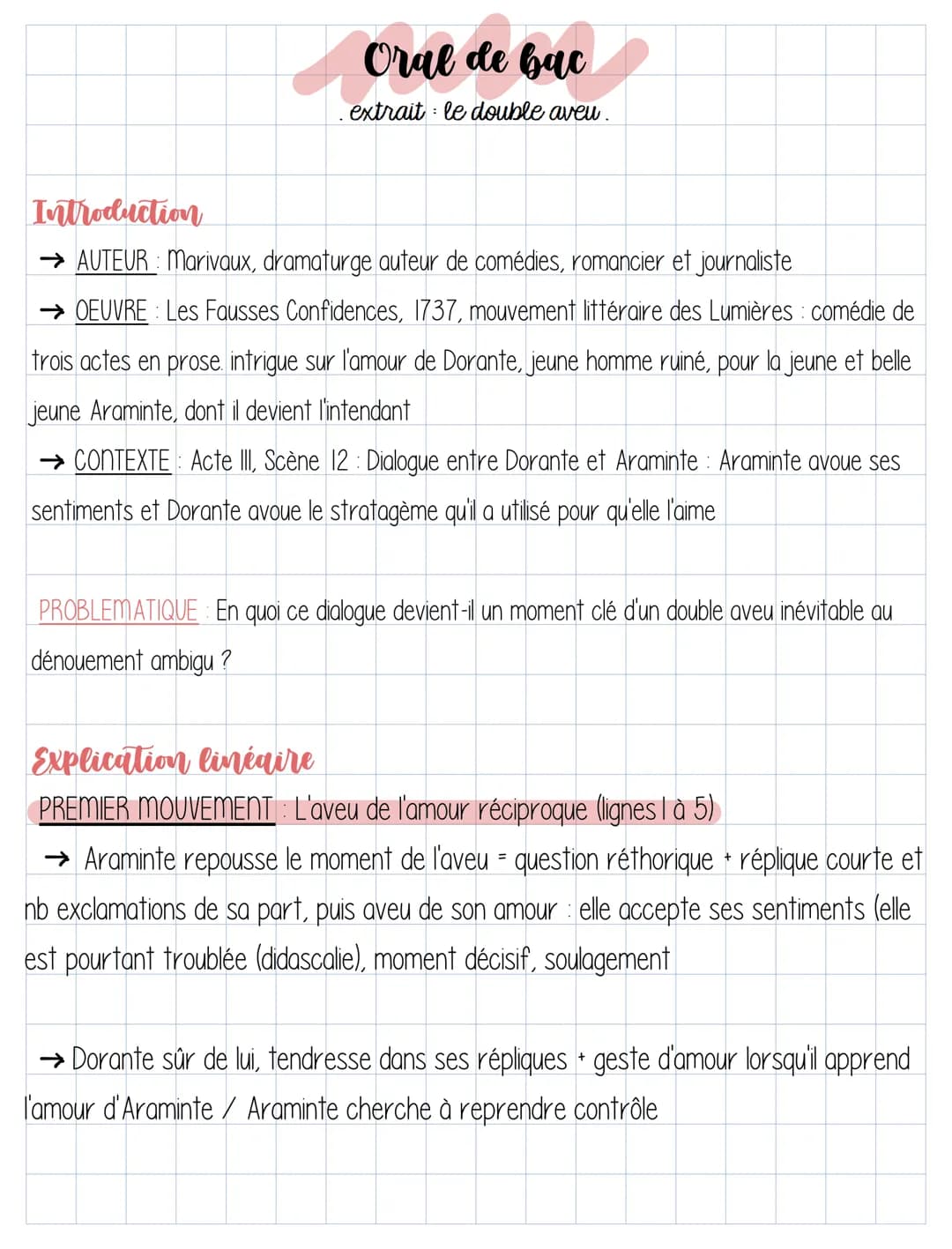 Oral de bac
extrait le double aveu.
Introduction
→ AUTEUR : Marivaux, dramaturge auteur de comédies, romancier et journaliste
→ OEUVRE Les F