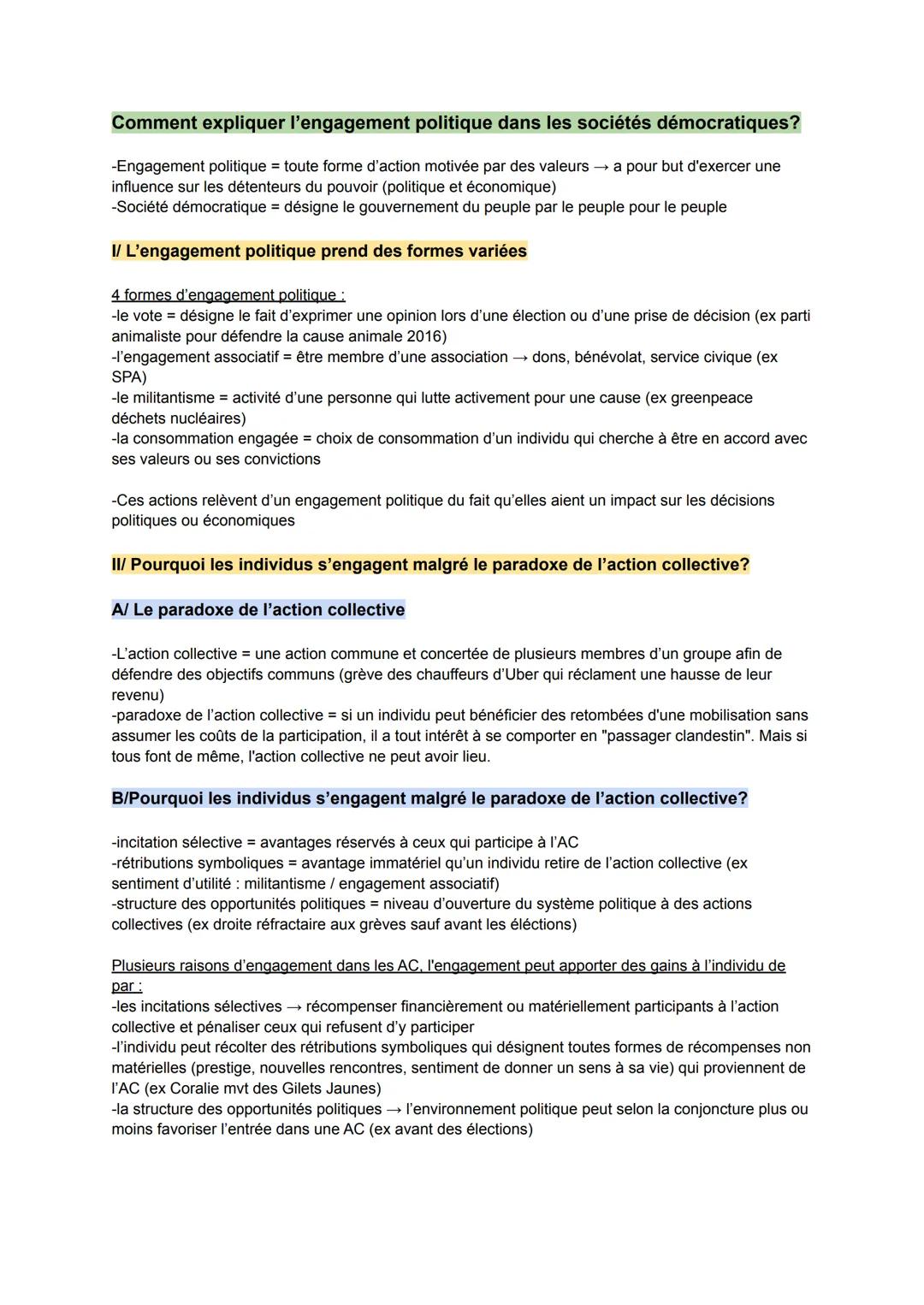 Comment expliquer l'engagement politique dans les sociétés démocratiques?
-Engagement politique toute forme d'action motivée par des valeurs