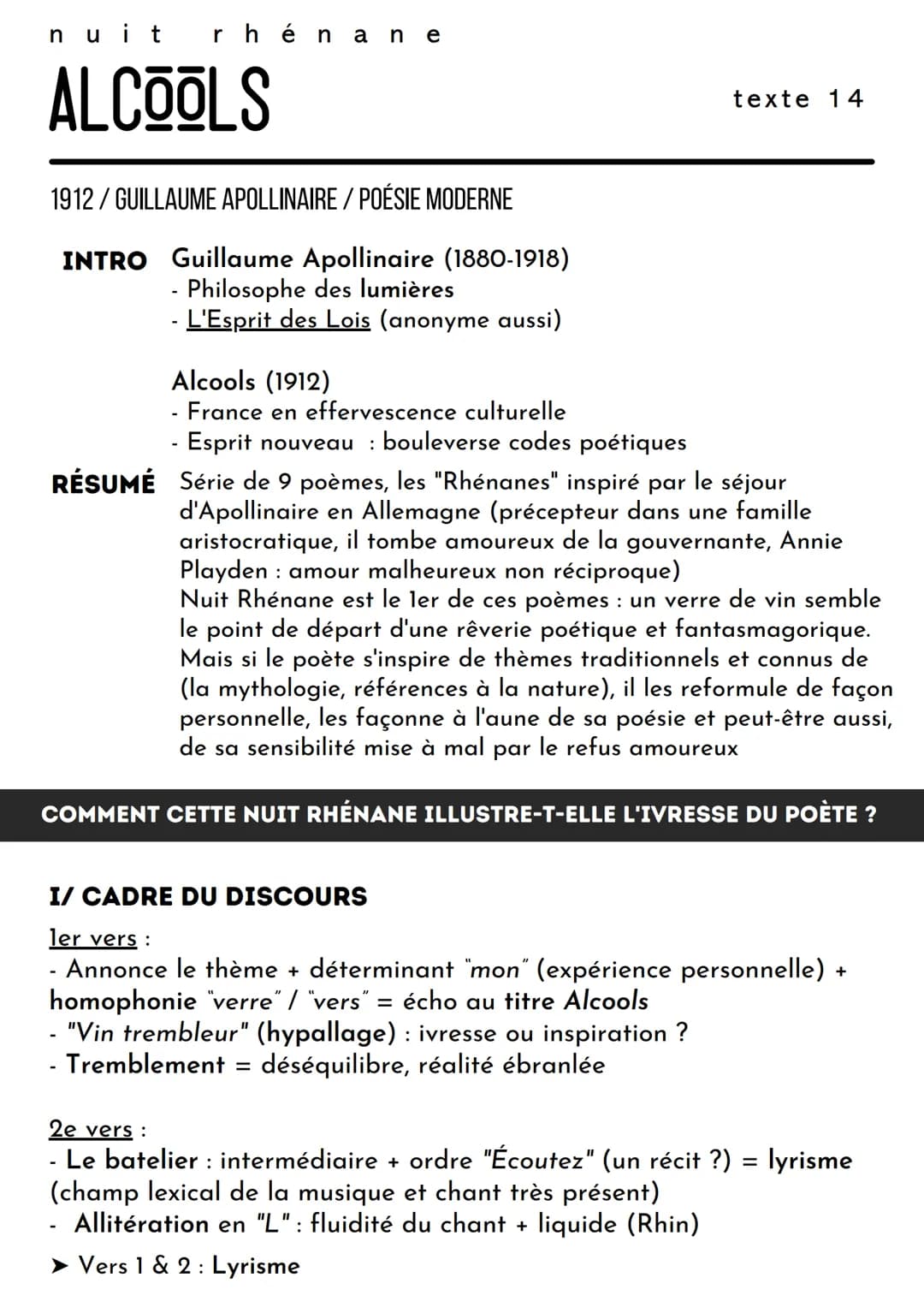 nuit rhéna ne
ALCOOLS
1912/ GUILLAUME APOLLINAIRE/ POÉSIE MODERNE
INTRO Guillaume Apollinaire (1880-1918)
- Philosophe des lumières
- L'Espr