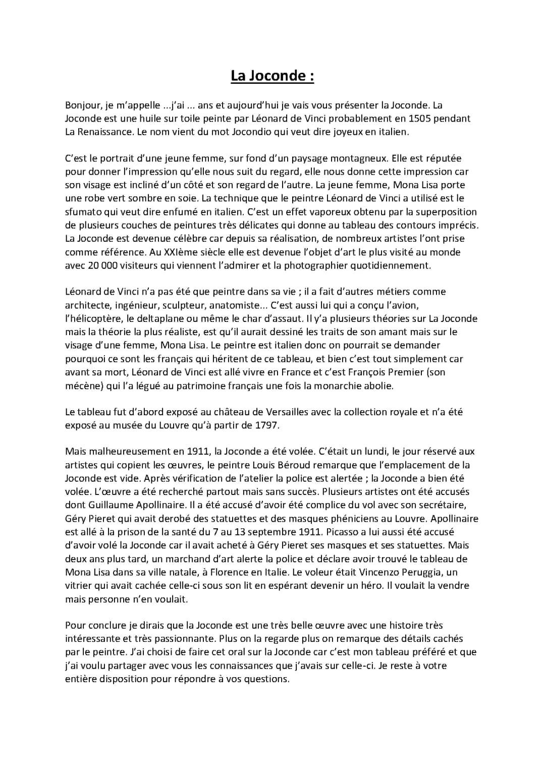 L'Histoire et Mystères de La Joconde pour les CM2