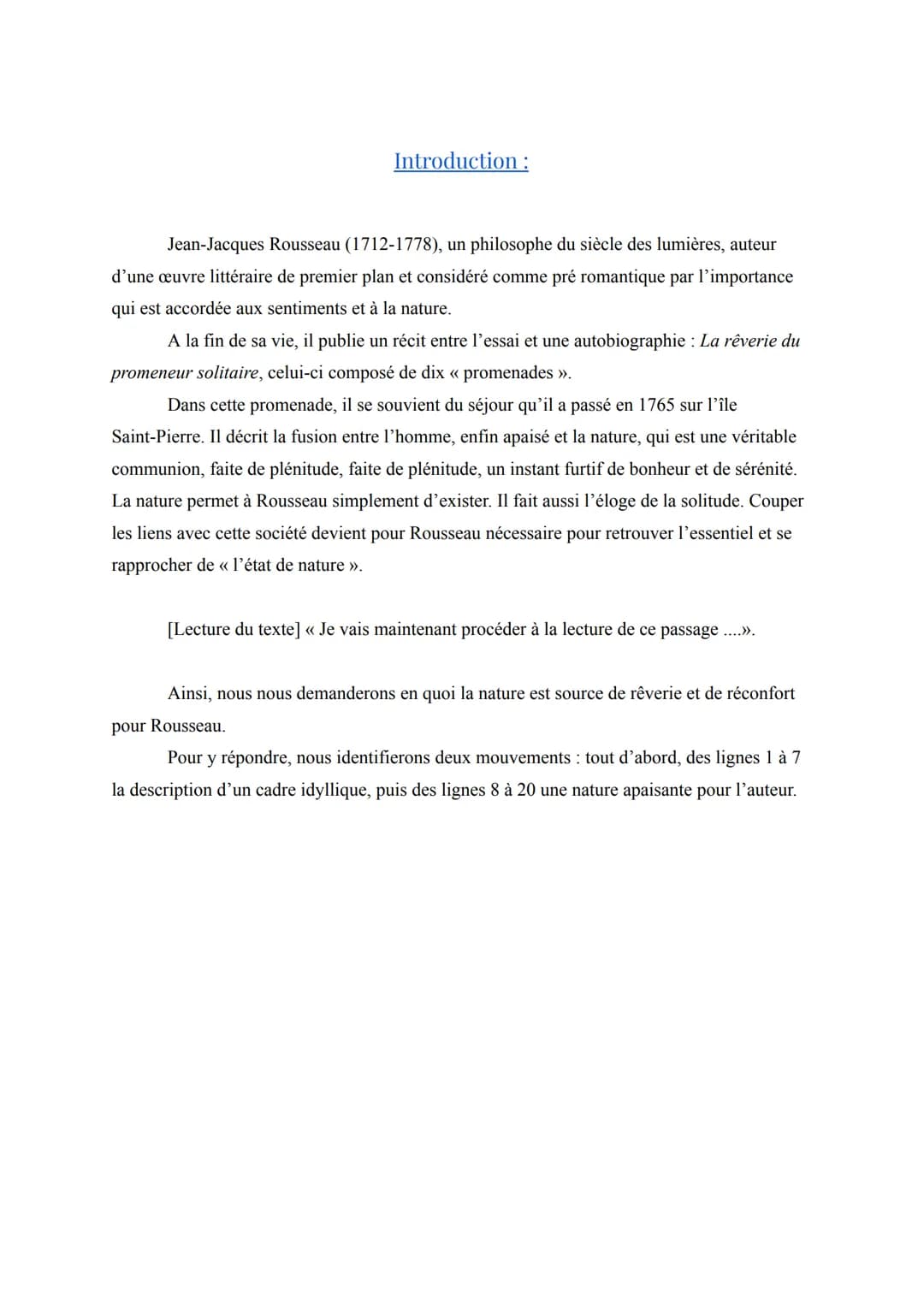 Texte Bac Nº 6 : “ Cinquième promenade ” de Jean-Jacques
Rousseau, 1765
Séquence 2 le romain et récit.
Support: extrait de la "Cinquième pro