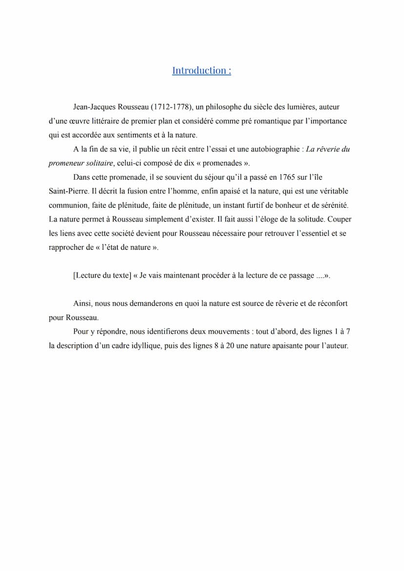 Texte Bac Nº 6 : “ Cinquième promenade ” de Jean-Jacques
Rousseau, 1765
Séquence 2 le romain et récit.
Support: extrait de la "Cinquième pro