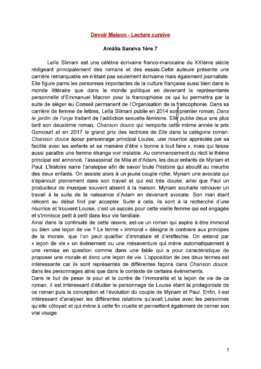Analyse et Résumé de Chanson Douce - PDF et Explications de Fin