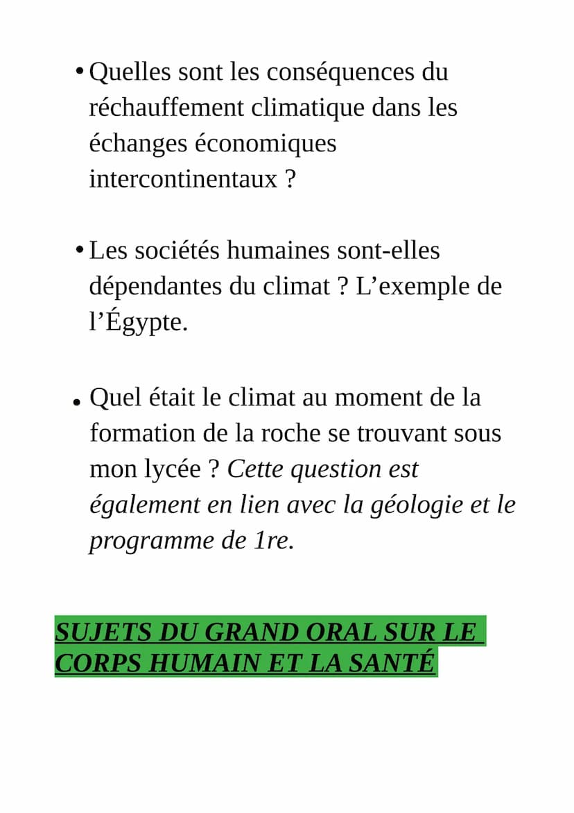 Exemples de sujet
du grand oral du bac : SVT
Pour le Grand oral, tu dois préparer
deux questions sur tes spécialités de
terminale.
Tes quest