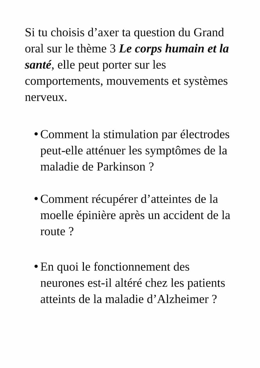 Exemples de sujet
du grand oral du bac : SVT
Pour le Grand oral, tu dois préparer
deux questions sur tes spécialités de
terminale.
Tes quest