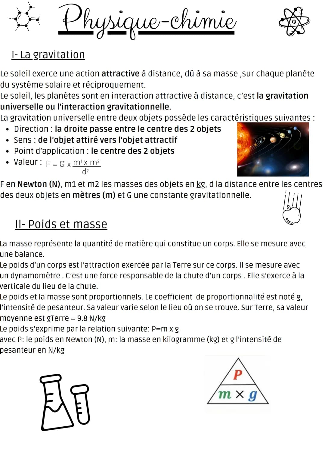 * Physique-chimie ✡
I- La gravitation
Le soleil exerce une action attractive à distance, dû à sa masse, sur chaque planète
du système solair