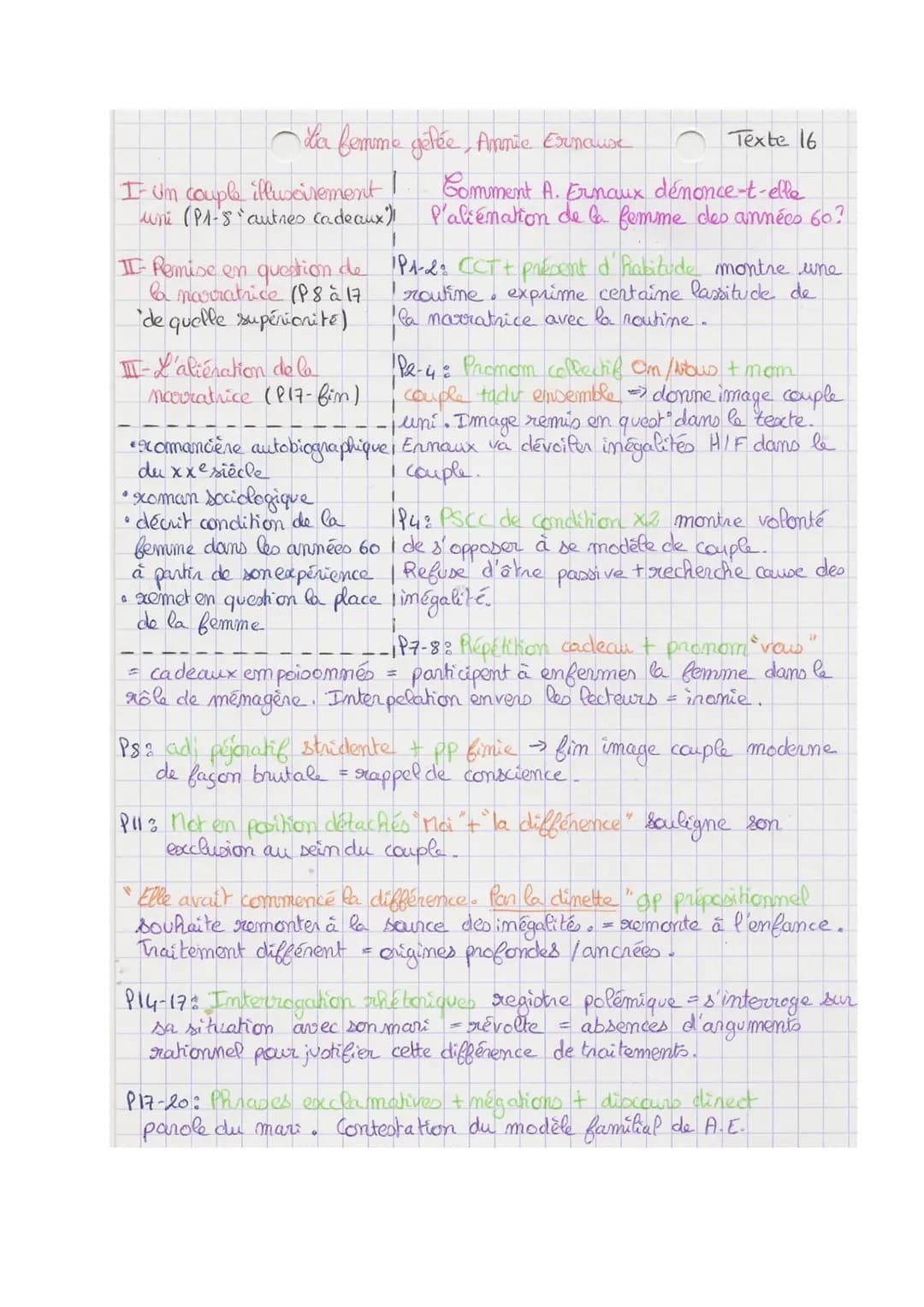 La femme géfée, Annie Ernause
T
I um couple illuscirement
uni (P1-8"autres cadeaux")!
II- Remise en question de
la narratrice (P8 à 17
de qu