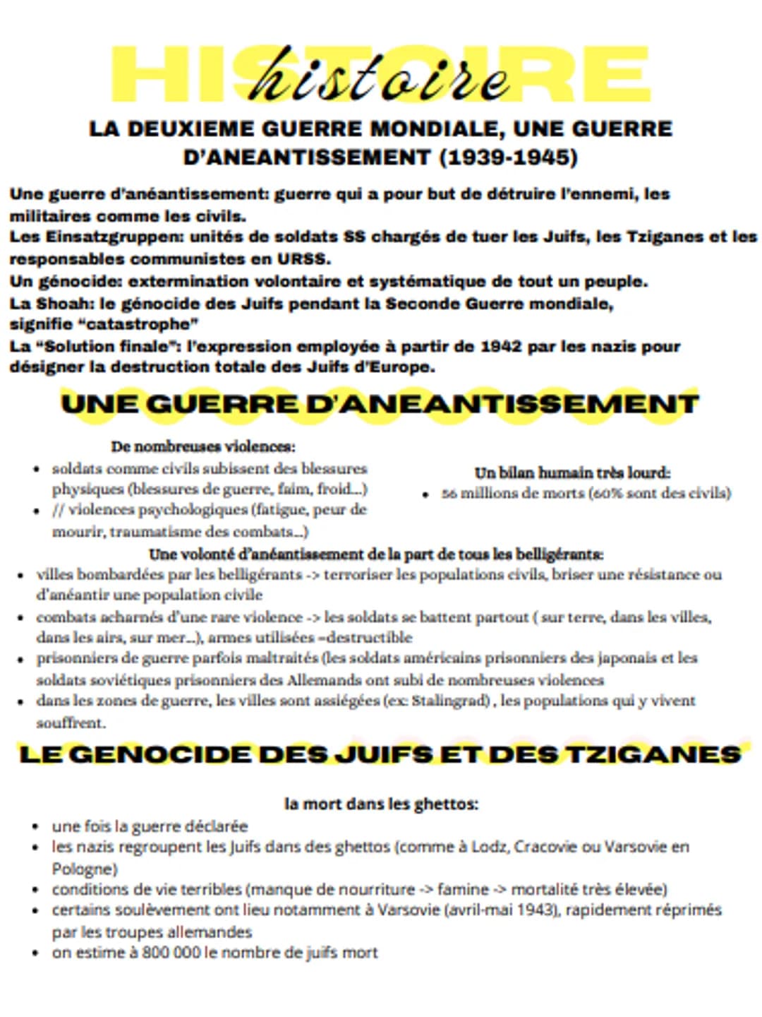 H histoireRE
LA DEUXIEME GUERRE MONDIALE, UNE GUERRE
D'ANEANTISSEMENT (1939-1945)
Une guerre d'anéantissement: guerre qui a pour but de détr
