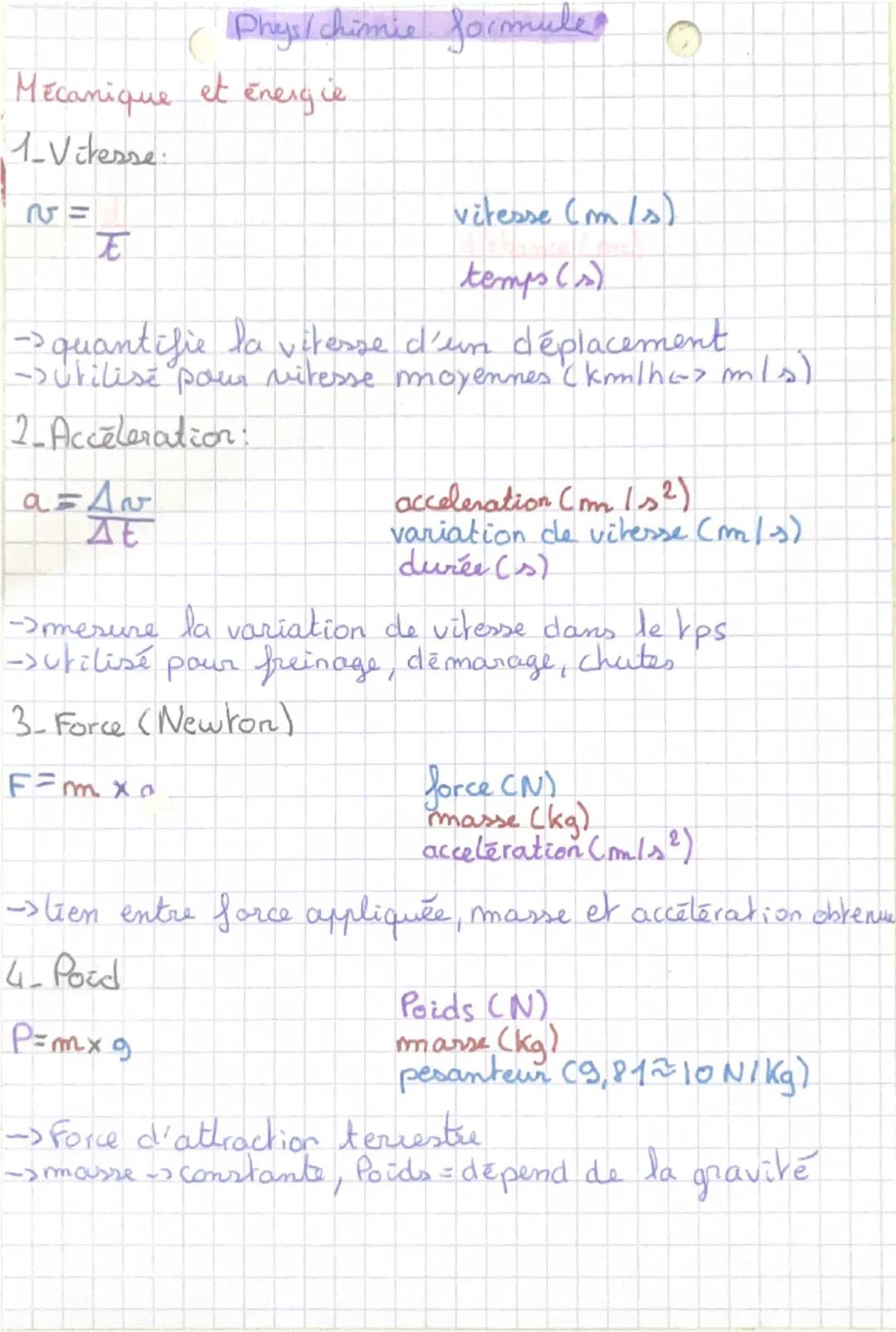 Phys/chimie formule
Mécanique et énergie
1-Vitesse:
$v = \frac{d}{t}$
vitesse (m/s)
temps (s)
-> quantifie la vitesse d'un déplacement
->uti