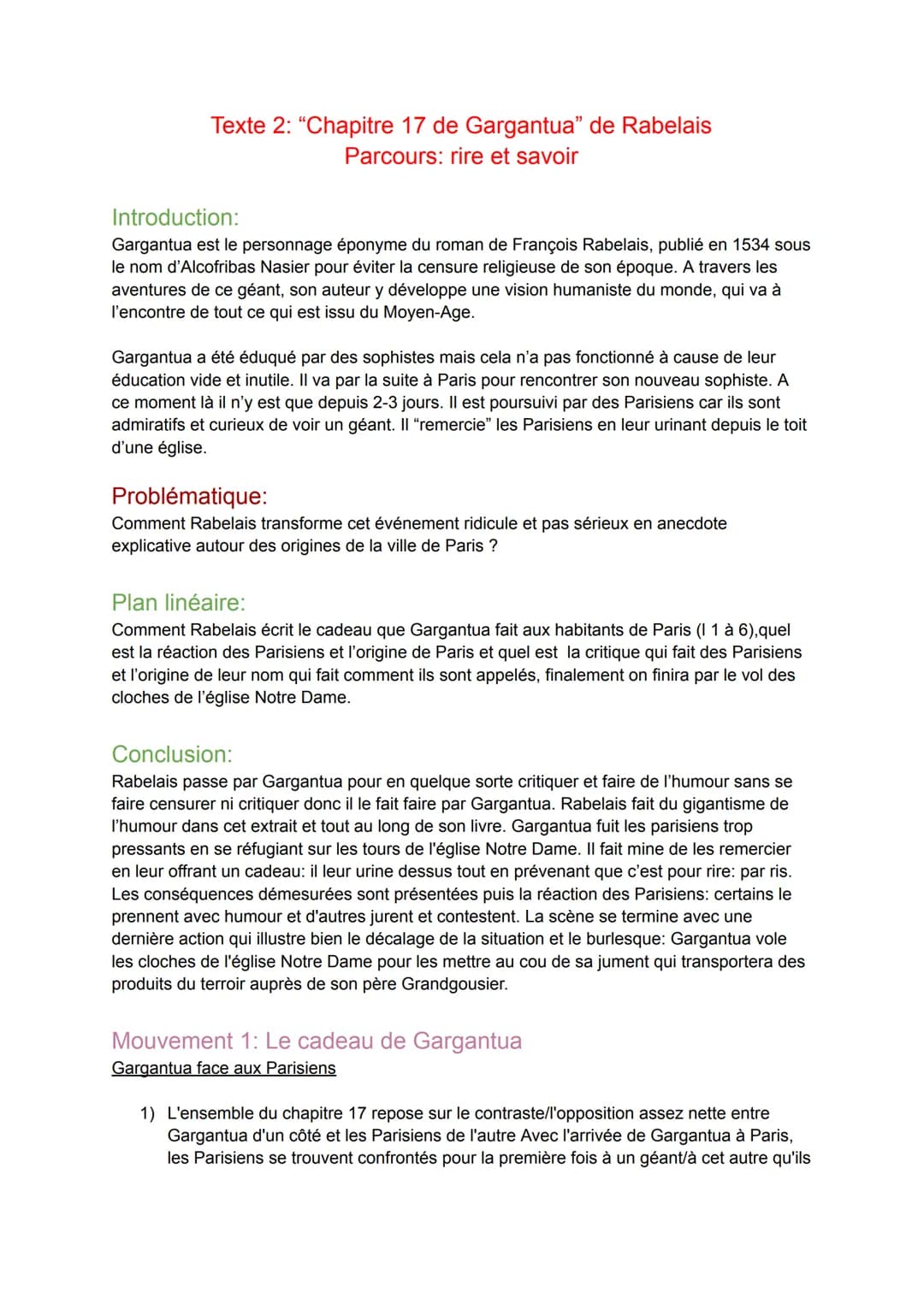 Texte 2: "Chapitre 17 de Gargantua" de Rabelais
Parcours: rire et savoir
Introduction:
Gargantua est le personnage éponyme du roman de Franç