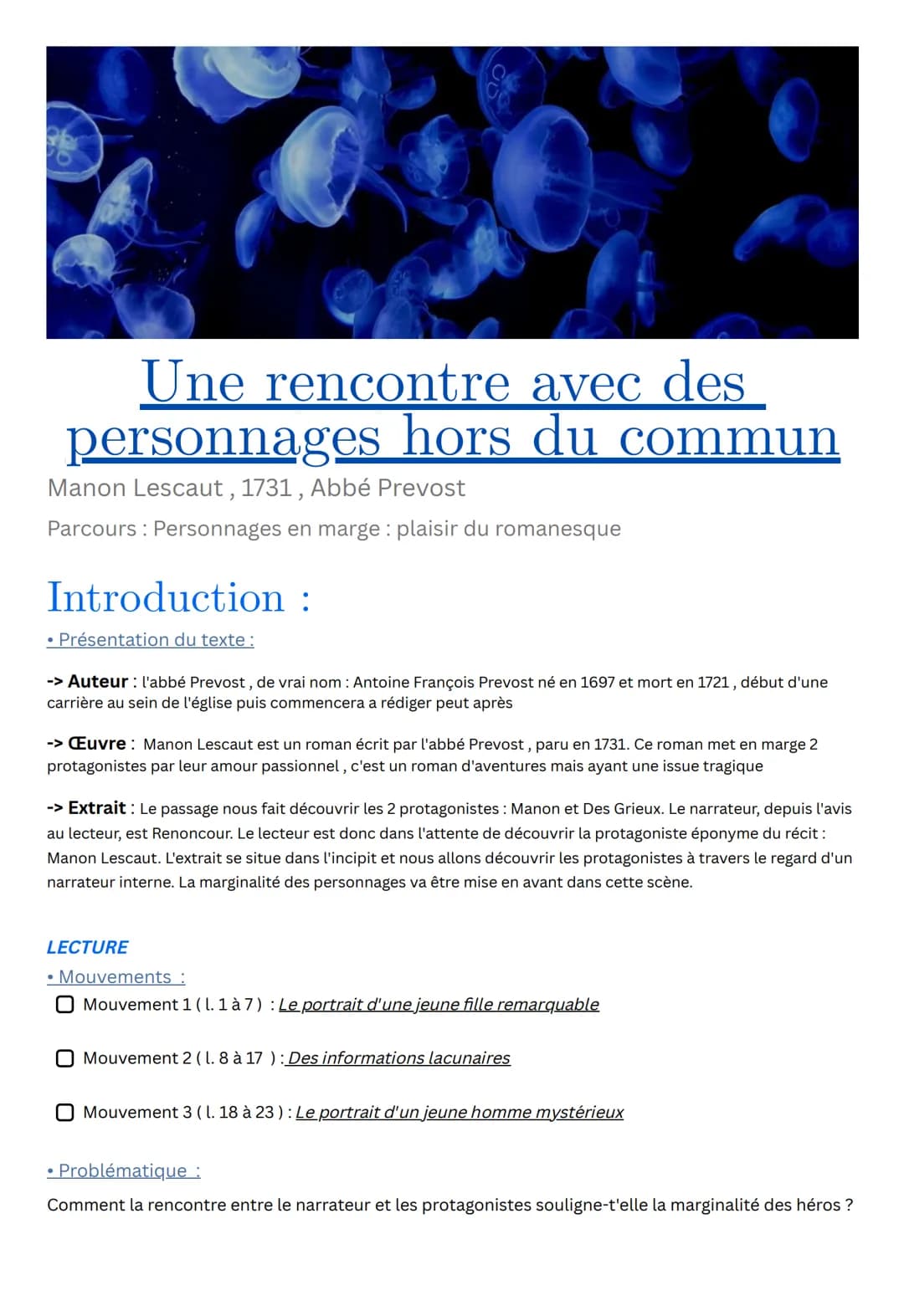 Une rencontre avec des
personnages hors du commu
Manon Lescaut, 1731, Abbé Prevost
Parcours Personnages en marge: plaisir du romanesque
Intr