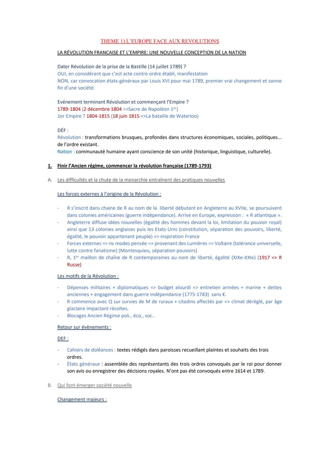 A.
THEME 1) L'EUROPE FACE AUX REVOLUTIONS
LA RÉVOLUTION FRANCAISE ET L'EMPIRE: UNE NOUVELLE CONCEPTION DE LA NATION
B.
Dater Révolution de l