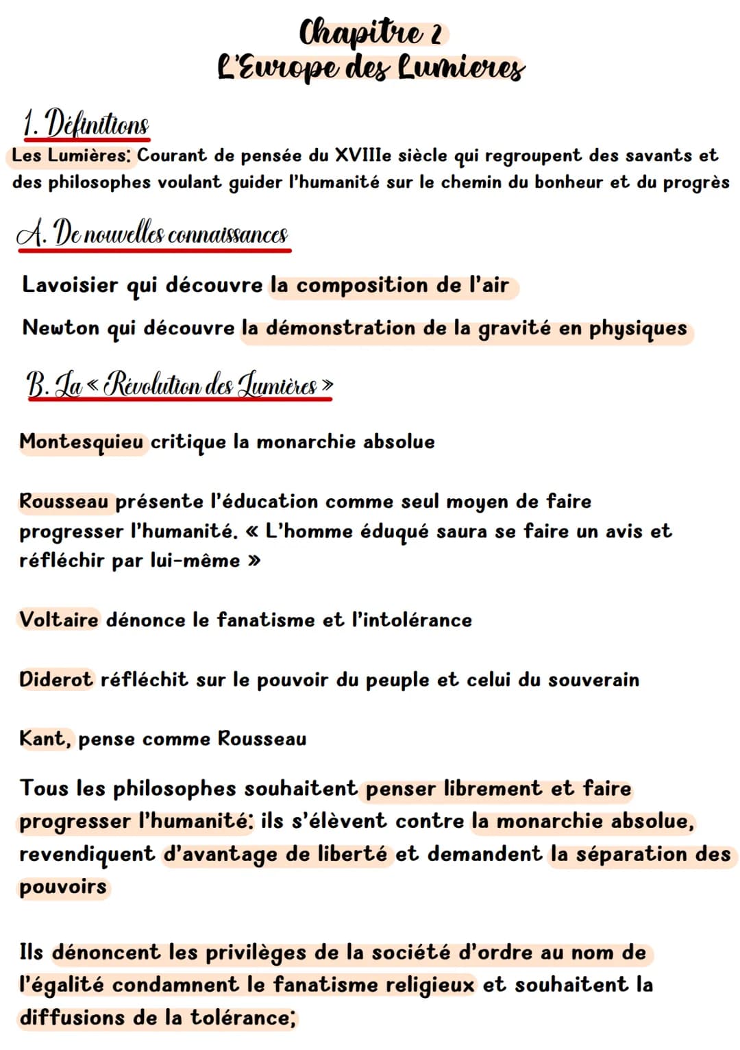 Chapitre 2
L'Europe des Lumieres
1. Definitions
Les Lumières: Courant de pensée du XVIIIe siècle qui regroupent des savants et
des philosoph