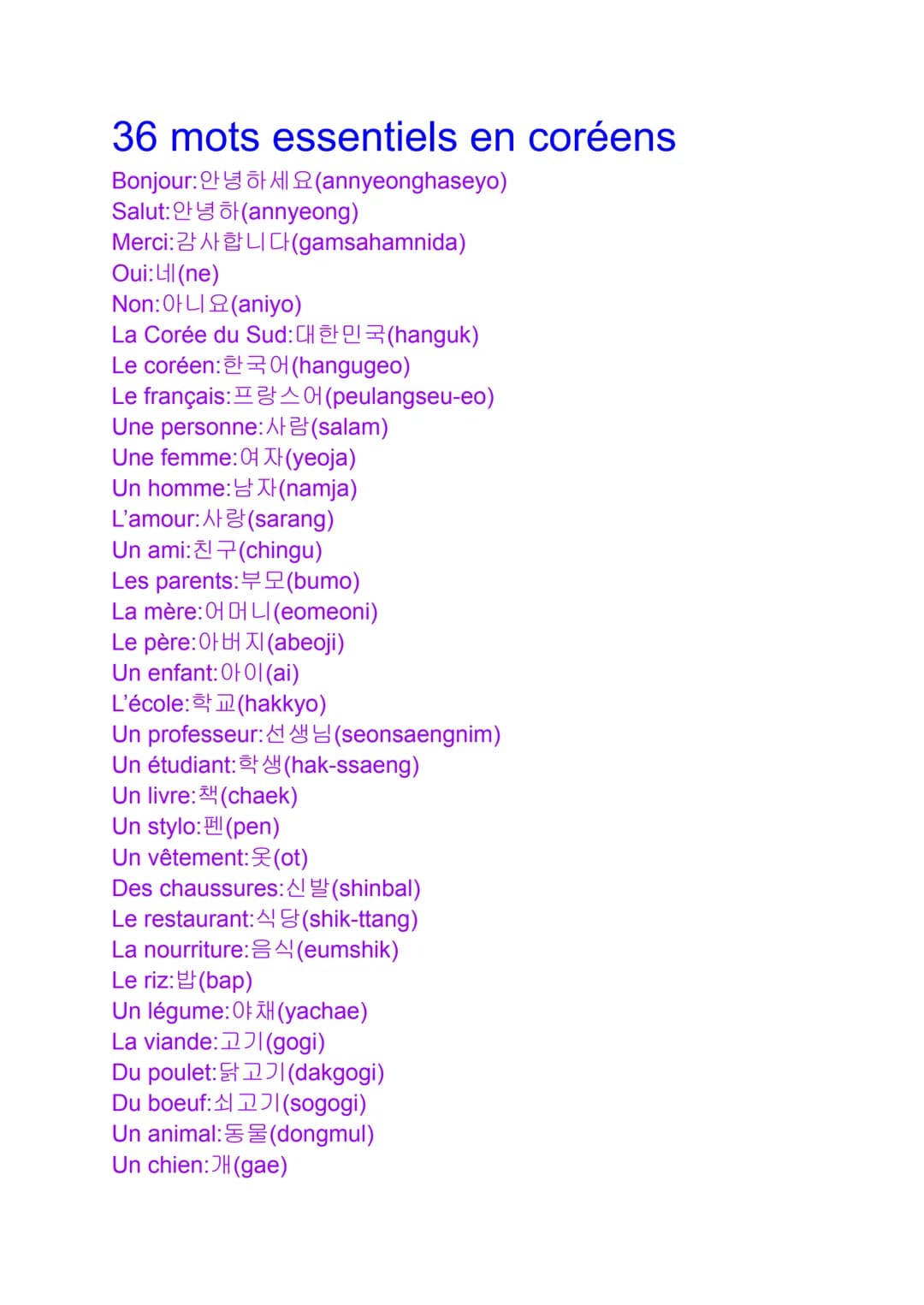 36 mots essentiels en coréens
(annyeonghaseyo)
Bonjour:
Salut:
(annyeong)
Merci:ALICH(gamsahamnida)
Oui: Hl (ne)
Non: OFLI(aniyo)
La Corée d