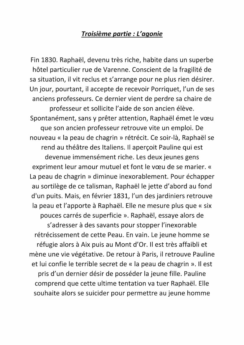 La peau de chagrin, Balzac :
Fiche de lecture
Cette oeuvre de Balzac conte l'histoire d'un jeune homme,
Raphaël de Valentin qui ne souhaite 