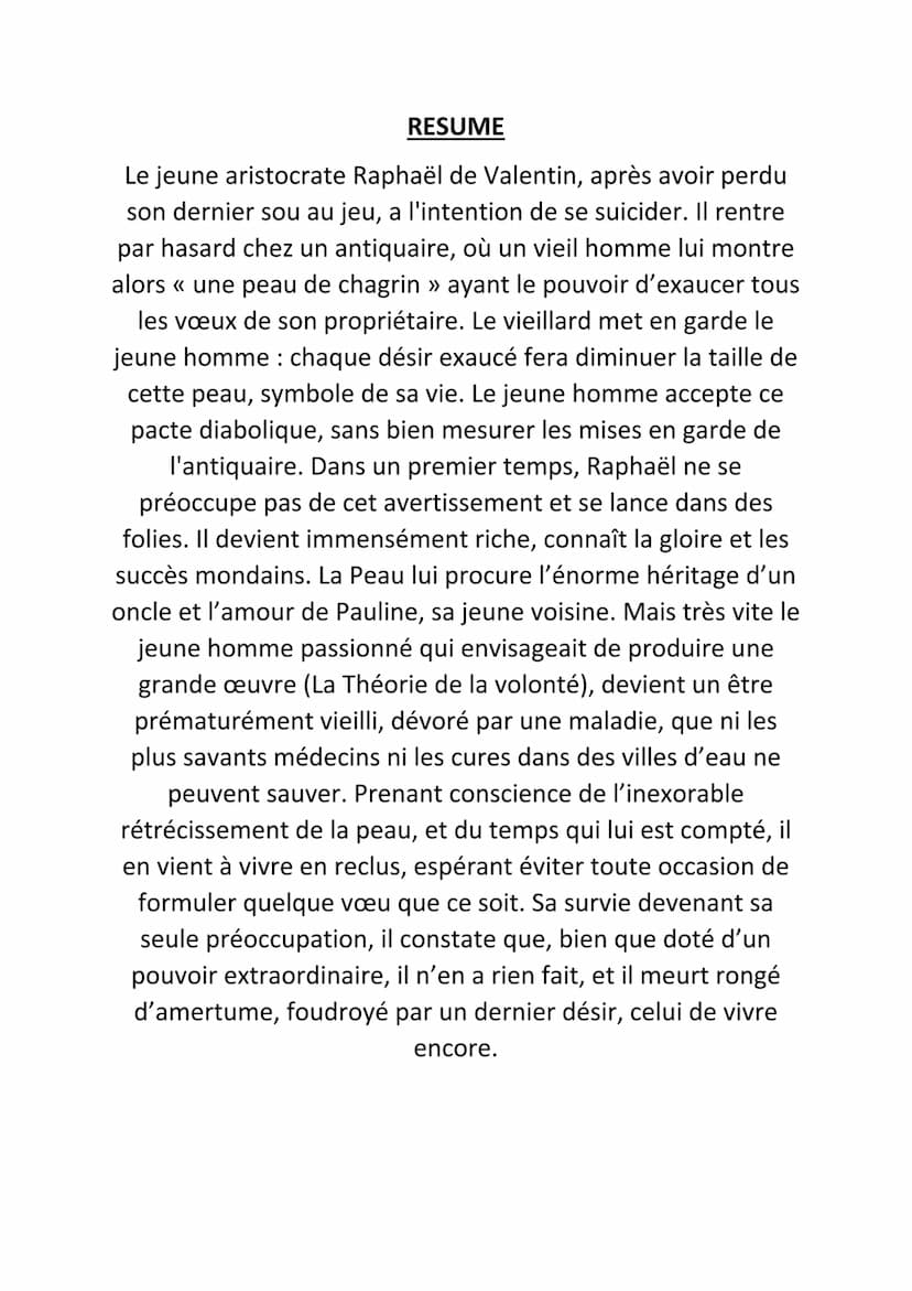 La peau de chagrin, Balzac :
Fiche de lecture
Cette oeuvre de Balzac conte l'histoire d'un jeune homme,
Raphaël de Valentin qui ne souhaite 