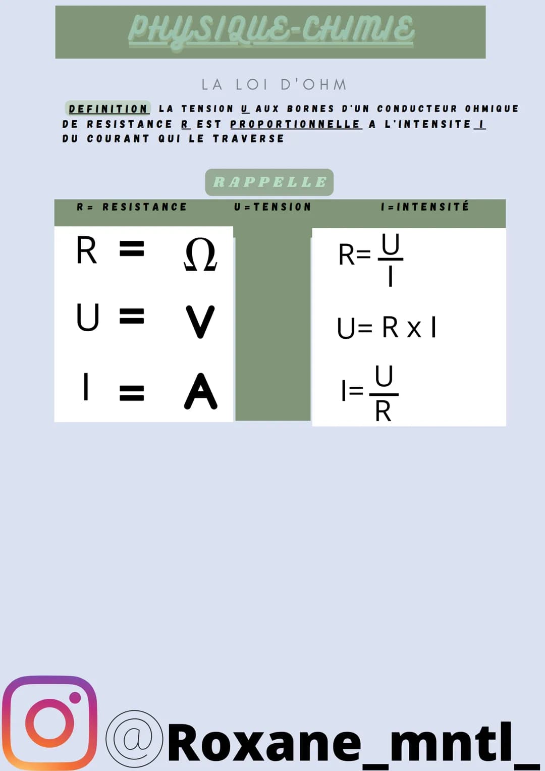 PHYSIQUE-CHIMIE
LA LOI D'OHM
DEFINITION LA TENSION U AUX BORNES D'UN CONDUCTEUR OHMIQUE
DE RESISTANCE R EST PROPORTIONNELLE A L'INTENSITE I
