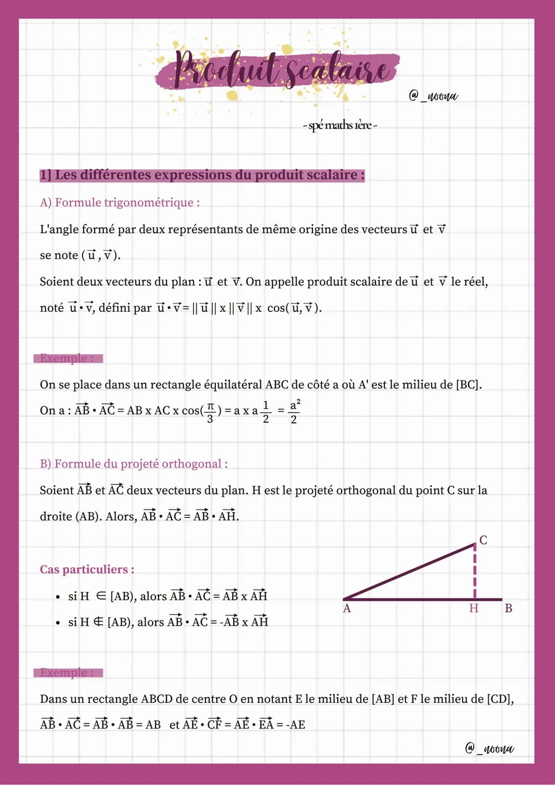Produit seataire
1] Les différentes expressions du produit scalaire:
A) Formule trigonométrique :
L'angle formé par deux représentants de mê