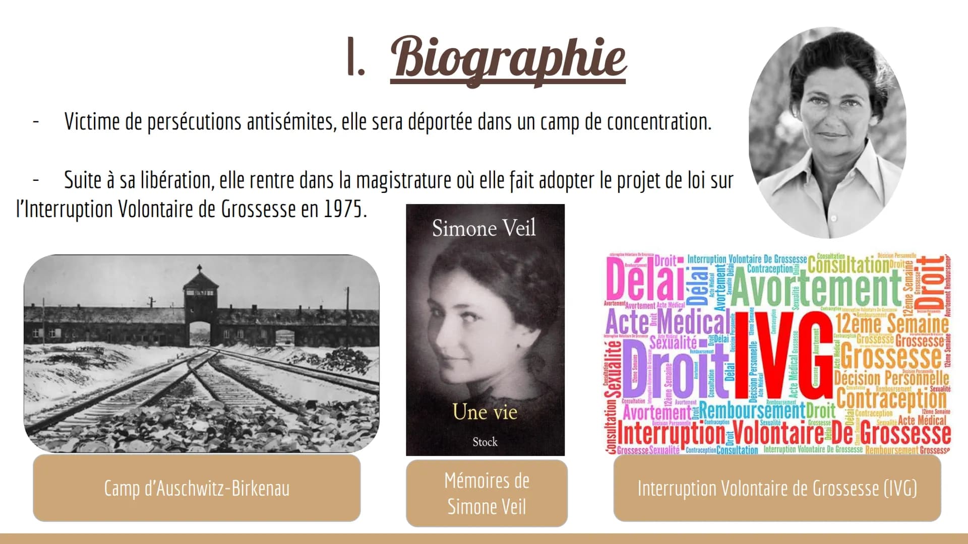 Simone
Veil
Une vie de combats au
service de l'égalité Sommaire
1 - Biographie
II - La loi Veil, vers la dépénalisation de l'interruption vo